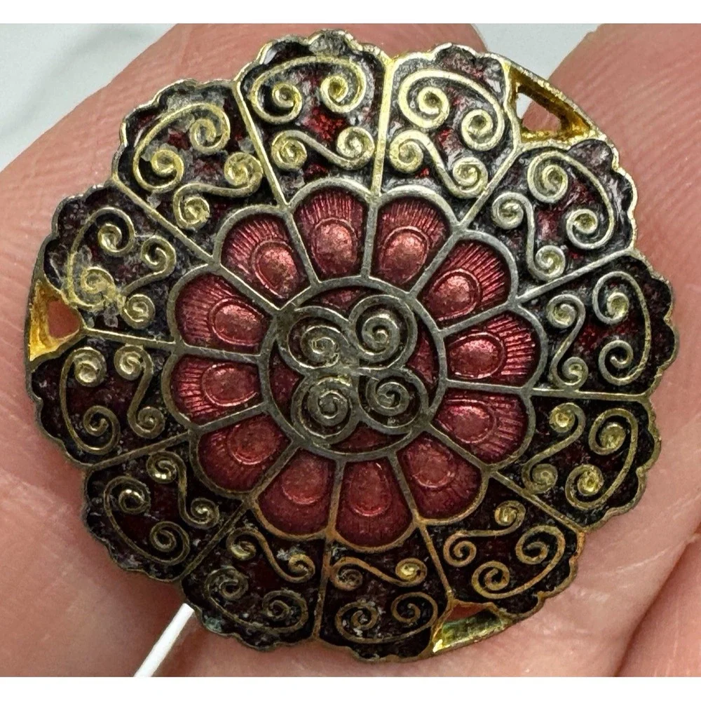 Vintage Red Gold Cloisonne Enamel Clip On Earrings Round Mandala Floral 1 Inch‎